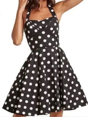 Polka Dot Halter Fit-and-Flare Mini Dress - Black/White